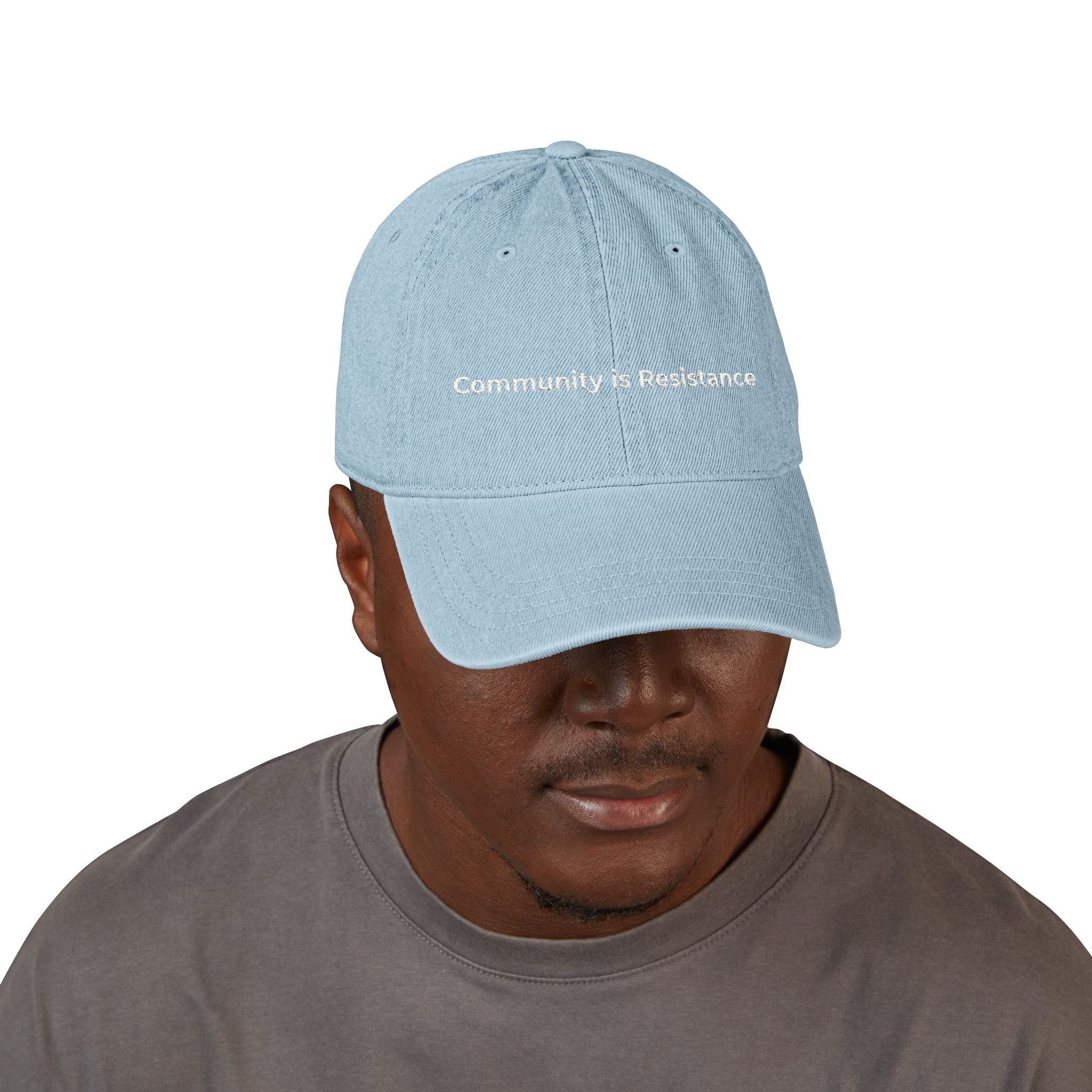 Embroidered Denim Hat - Community is Resistance, Adjustable Cap, Stylish Hat for Activists, Perfect Gift for Protesters, Unisex Headwear