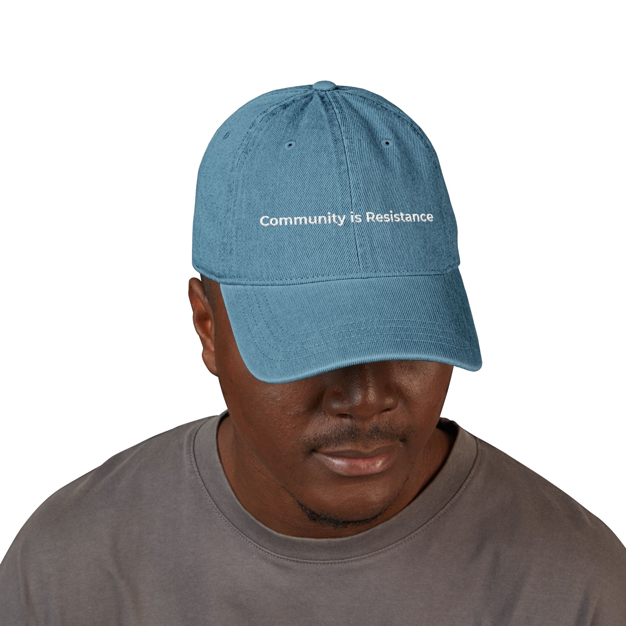 Embroidered Denim Hat - Community is Resistance, Adjustable Cap, Stylish Hat for Activists, Perfect Gift for Protesters, Unisex Headwear